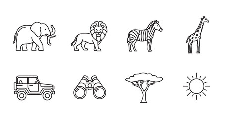 Fototapeta premium Black outline icons of elephant, lion, zebra, giraffe, jeep, binoculars, acacia tree, and sun for safari and wildlife themes.