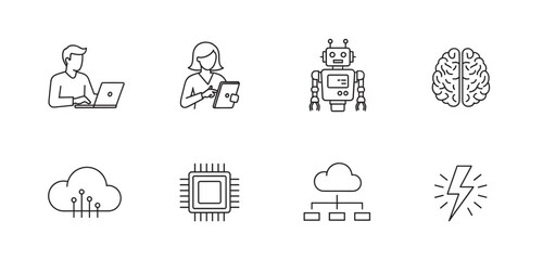 Fototapeta premium Minimalistic line art depicting a male and female working on technology highlighted by icons of a robot, brain, cloud, microchip, network, and lightning bolt.