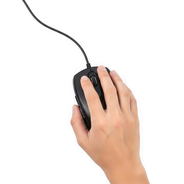 Human hand gripping a computer mouse for digital interaction and navigation control isolated on transparent background
