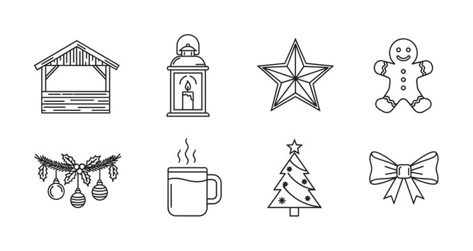 Black outline icons including a gazebo, lantern, star, gingerbread, holiday decor, steaming mug, christmas tree, and bow, representing holiday and winter themes.