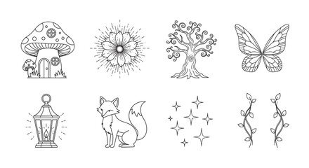 Eight black outline vector icons depicting a whimsical mushroom house, a flower, a stylized tree, a butterfly, a lantern, a fox, star sparkles, and vine branches.