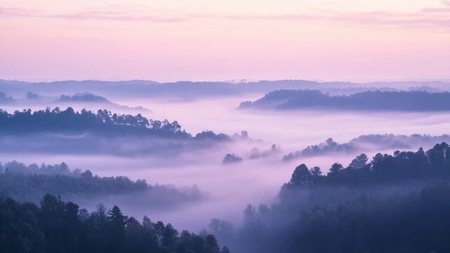Misty hills and forest valleys bathed in a serene pink and purple dawn glow
