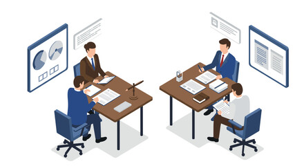 Isometric business meeting in office with professionals discussing documents