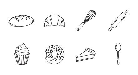 Black outline icons of bakery and kitchen utensils, including bread, croissant, whisk, rolling pin, cupcake, donut, pie, and spoon.