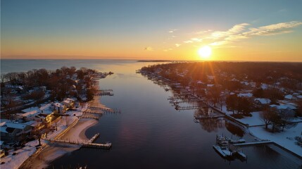 Toms River New Jersey Winter Aerial Drone Shot at Sunrise