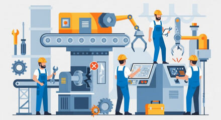 A vibrant illustration of a factory with workers operating machinery, robotic arms, and control panels, showcasing modern industrial automation