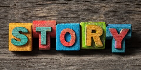 Fototapeta premium Toy Story Font - Creative Word Formation with Colourful Wooden Baby Blocks