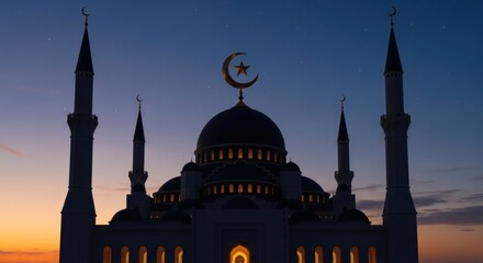 Fototapeta premium Silhouette of a mosque with a crescent moon at sunset.