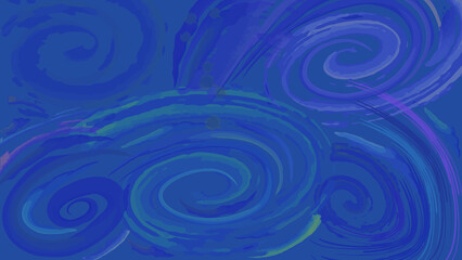 青の渦と筆致の抽象背景ー濃淡のブルーで描いた渦巻きが流れる、動きのあるブラシストローク背景。広告やWeb、プレゼンの背景に最適。