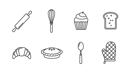 Black outline icons of rolling pin, whisk, cupcake, bread slice, croissant, pie, spoon, and oven mitt on a white background.