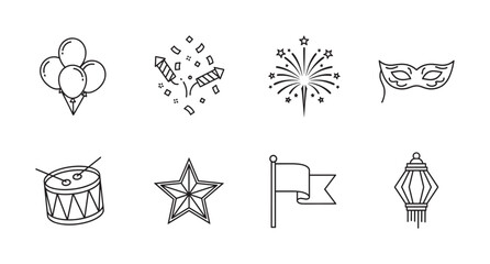 Simple black outline icons representing festive elements including balloons, fireworks, a mask, a drum, a star, a flag, and a lantern.