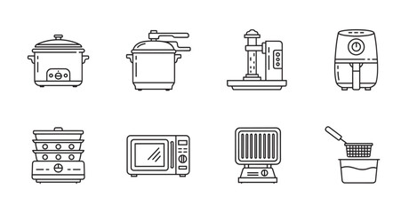 Black outline icons of various kitchen appliances, including a slow cooker, pressure cooker, coffee maker, air fryer, steamer, microwave, toaster, and deep fryer.