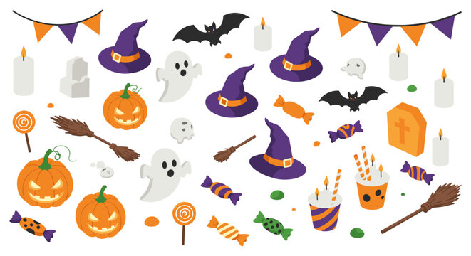 Spooky halloween decorations collection with cute ghosts and pumpkins in isometric style