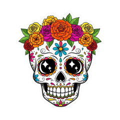 Festive sugar skull adorned with a colorful flower crown and vibrant decorations, isolated on transparent background
