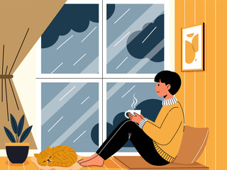hygge concept vector illustration of a person relaxing on a window sill with a cozy sweater and hot drink, watching the rainy day outside, perfect for comfort and slow living.