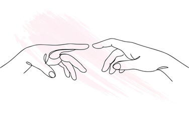 Minimalist single line drawing two hands reaching towards each other with  brush strokes