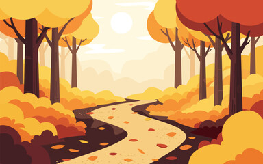 autumn forest landscape with winding path, trees, and falling leaves in flat design style, a warm seasonal nature scene perfect for backgrounds and web illustration.