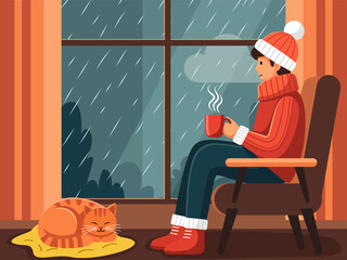 cozy autumn or winter scene of a person sitting by the window, wearing warm clothes, drinking a hot beverage, with a sleeping cat and rain falling outside, vector illustration for relaxation.
