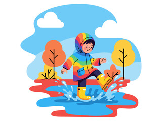 cute little kid in a rainbow raincoat and yellow boots splashing in a puddle during autumn or rainy weather, vector illustration for childhood and outdoor activity.