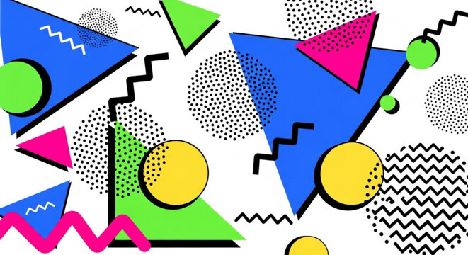 A vibrant 90sinspired geometric pattern, featuring bold shapes and playful colors, evoking a sense of nostalgia and retro fun - Powered by Adobe