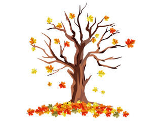 autumn tree vector illustration with colorful falling maple leaves and a pile of foliage on the ground, isolated on a white background, perfect for seasonal design elements.