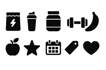 Fitness and health solid icon set. Nutrition, gym, exercise symbols collection.