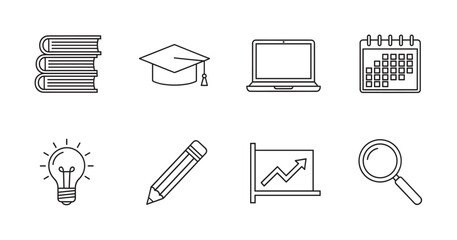 Fototapeta premium Collection of simple black outline icons including books, graduation cap, laptop, calendar, light bulb, pencil, presentation board, and magnifying glass.
