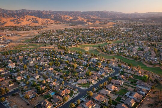 Up High Architectural Scenery: Aerial View of Green Modern Community in Menifee, California