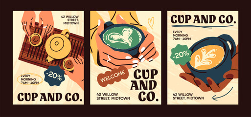 Coffeehouse event poster designs set. Promotion templates of coffeeshop with hands holding cups of coffee. Advertising layouts of cafe with tea ceremony, drinks tasting. Flat vector illustrations