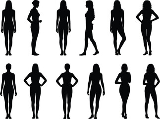 Silhouette collection of diverse female body shapes, elegant women standing in various poses, black outline vector illustration on white background, fashion design reference