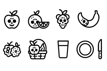 Fototapeta premium Halloween fruit linear icon set. Spooky, fruit sketch icons with creepy faces