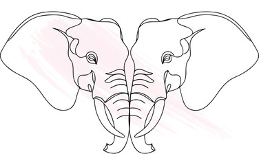 Two abstract elephant heads facing each other with  brush strokes Single line animal