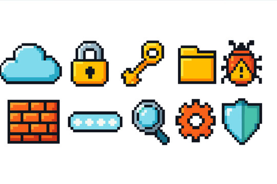 Fototapeta Cybersecurity pixel icon set. Internet protection and privacy pixelated icons