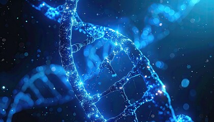 Abstract glowing blue DNA double helix structure with particles and bokeh in dark background scientific concept