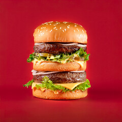 Big double cheeseburger with beef patties, melted cheese, mustard, pickles, and onions on a red background.