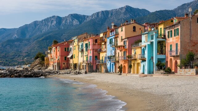 Varigotti Italy. Colorful Fisherman's Houses on Sand Beach, Ligurian Riviera