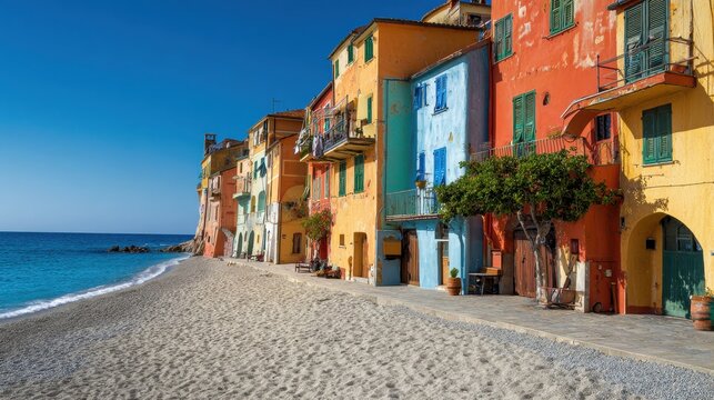 Varigotti Italy. Colourful Beach Houses on Sand Lagoon in Italian Riviera Liguria