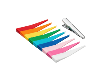 Meticulously arranged vibrant triangular pennant flags in parallel rows, a polished chrome clip on a seamless transparent background, 45-degree elevated view, professional product display