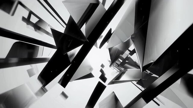 Abstract monochrome view inside a structure of reflective planes, converging towards bright central light