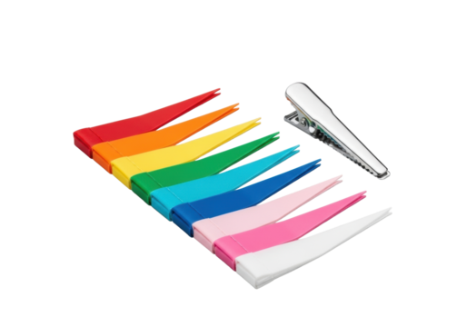 Meticulously arranged vibrant triangular pennant flags in parallel rows, a polished chrome clip on a seamless transparent background, 45-degree elevated view, professional product display