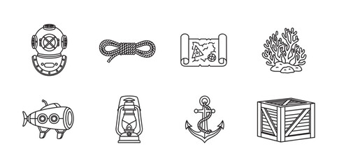Black outline vector icons of diving helmet, rope, treasure map, coral, submarine, lantern, anchor, and wooden crate for nautical and maritime themes.