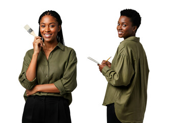 Artist and writer portraits in olive shirt, creative professionals duo, painter and notebook user, creative portraits, Isolated on transparent background, png