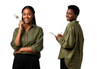 Artist and writer portraits in olive shirt, creative professionals duo, painter and notebook user, creative portraits, Isolated on transparent background, png