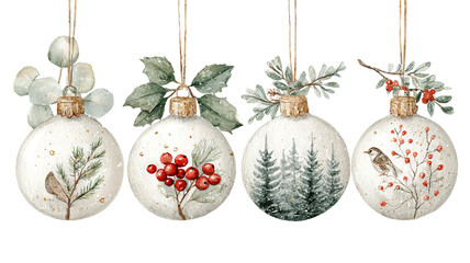 Four white watercolor christmas ornaments featuring winter scenes foliage and red berry illustrations isolated on transparent background high resolution png design perfect for festive decorations
