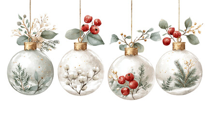 Four white watercolor christmas ornaments featuring winter scenes foliage and red berry illustrations isolated on transparent background high resolution png design perfect for festive decorations
