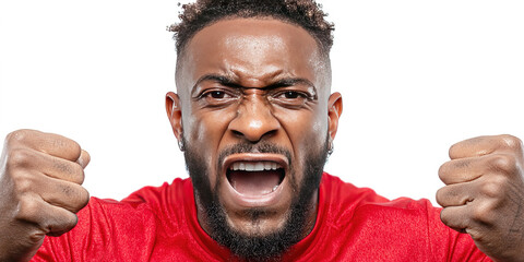 Angry male football fan expressing frustration in a football uniform against a plain background