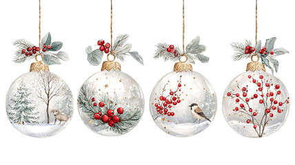 Four white watercolor christmas ornaments featuring winter scenes foliage and red berry illustrations isolated on transparent background high resolution png design perfect for festive decorations
