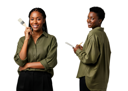 Artist and writer portraits in olive shirt, creative professionals duo, painter and notebook user, creative portraits, Isolated on transparent background, png