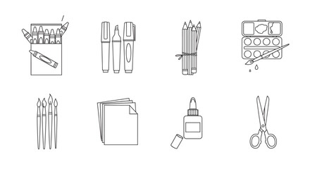 Black outline icons of various art supplies including a box of crayons, markers, colored pencils, paint palette, brushes, paper sheets, glue bottle, and scissors.