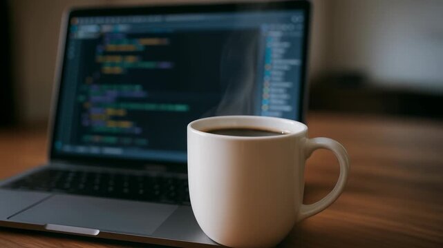 Programmer coffee laptop code prompt ai morning steam warm workspace focused mug coder workflow